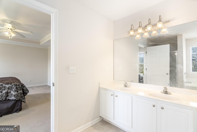 8810 Brookhurst Trl, Gainesville, GA 30506 - ensuite bathroom featuring double vanity, ornamental molding, a shower stall, and ceiling fan
