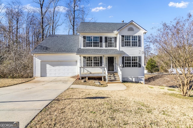8810 Brookhurst Trl, Gainesville, GA 30506 - traditional home with covered porch, a garage, driveway, a shingled roof, and a front lawn