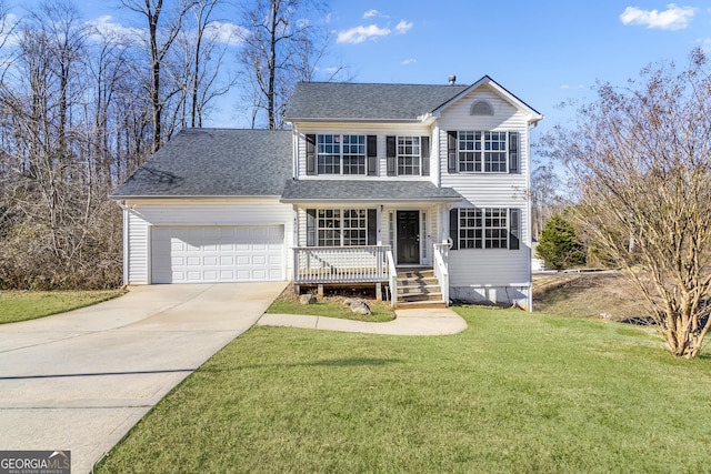 8810 Brookhurst Trl, Gainesville, GA 30506 - traditional-style home with a garage, driveway, covered porch, a front yard, and roof with shingles