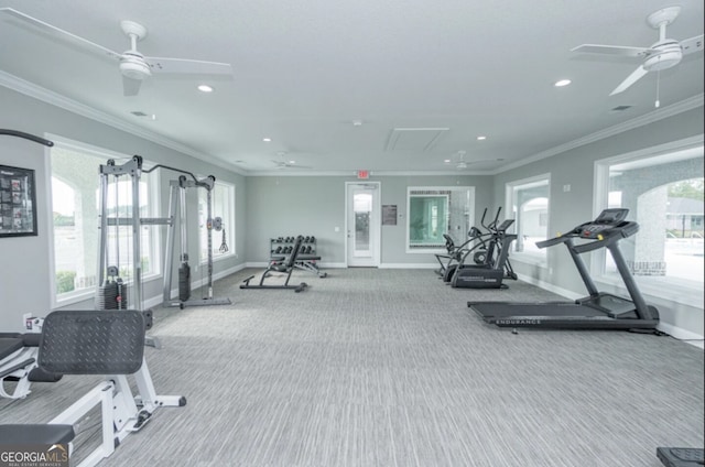 204 Camden Woods Pkwy, Kingsland, GA 31548 - workout area featuring a ceiling fan, carpet floors, recessed lighting, crown molding, and attic access