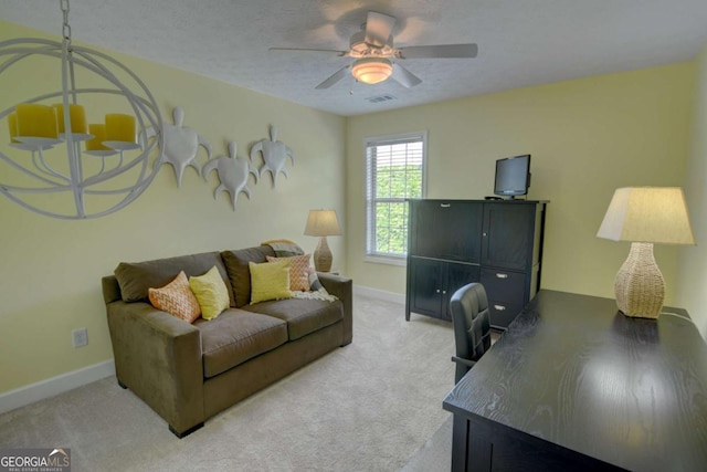 2557 Avery Park Cir, Atlanta, GA 30360 - carpeted living area with a ceiling fan, an office area, and a textured ceiling