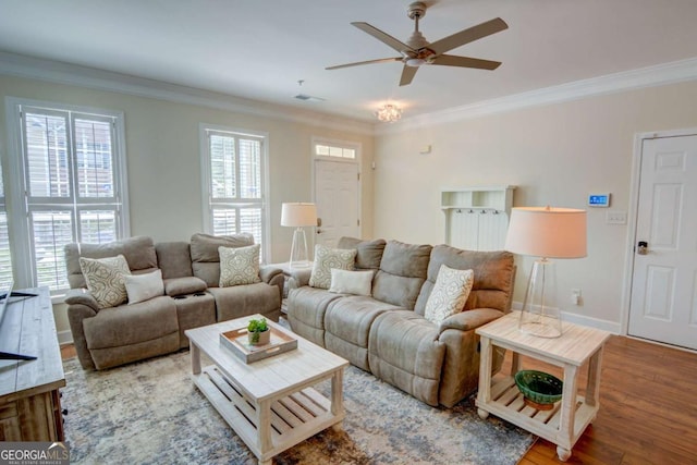 2557 Avery Park Cir, Atlanta, GA 30360 - living area featuring wood finished floors, ceiling fan, and crown molding
