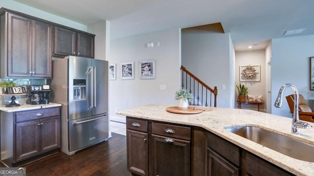 8325 Post Oak Ln, Gainesville, GA 30506 - kitchen featuring high end refrigerator, dark wood-style flooring, and light stone counters