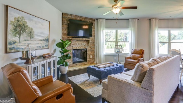 8325 Post Oak Ln, Gainesville, GA 30506 - living room featuring ceiling fan, dark wood finished floors, and a fireplace