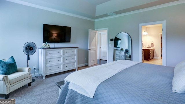 8325 Post Oak Ln, Gainesville, GA 30506 - carpeted bedroom with connected bathroom and ornamental molding