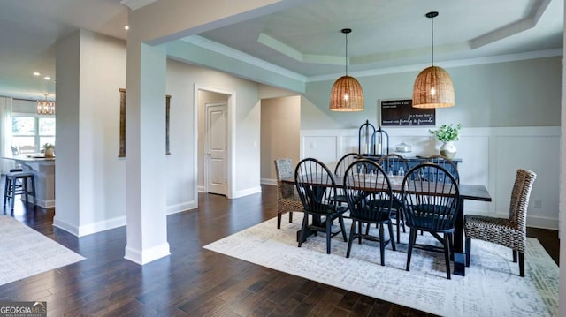8325 Post Oak Ln, Gainesville, GA 30506 - dining area with a tray ceiling, wood finished floors, a chandelier, crown molding, and recessed lighting