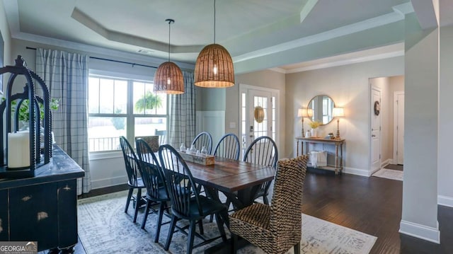 8325 Post Oak Ln, Gainesville, GA 30506 - dining room with a raised ceiling and dark wood-style floors