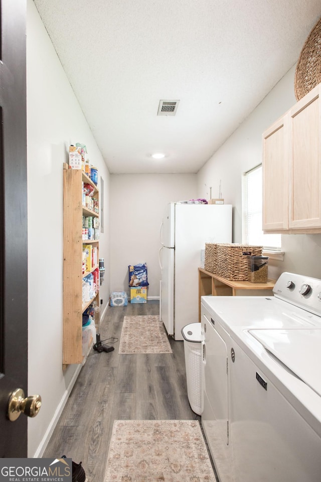 313 White Pine Highway, Nicholls, GA 31554 - washroom with washing machine and dryer, dark wood-style flooring, and cabinet space