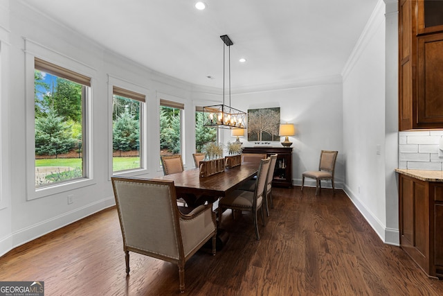 150 Dean Dr, Tyrone, GA 30290 - dining room featuring crown molding, dark wood finished floors, recessed lighting, and a chandelier