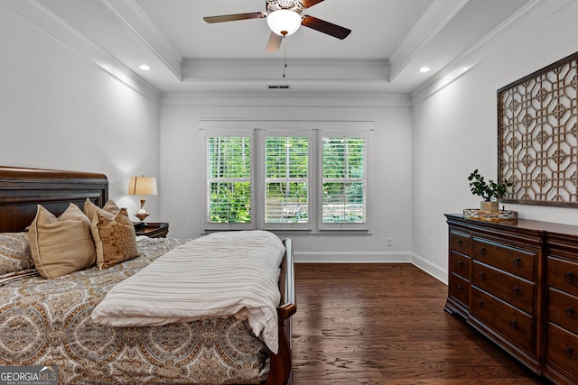 150 Dean Dr, Tyrone, GA 30290 - bedroom with dark wood-type flooring, a raised ceiling, ornamental molding, a ceiling fan, and recessed lighting