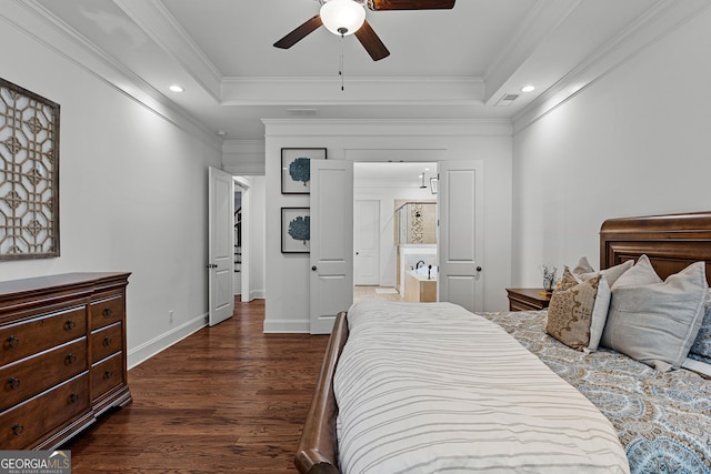 150 Dean Dr, Tyrone, GA 30290 - bedroom featuring dark wood finished floors, recessed lighting, ornamental molding, a tray ceiling, and a ceiling fan