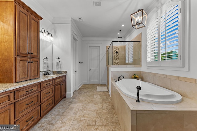 150 Dean Dr, Tyrone, GA 30290 - full bath featuring a bath, tiled shower, vanity, crown molding, and a chandelier