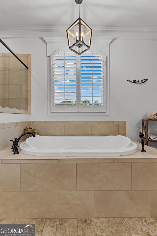 150 Dean Dr, Tyrone, GA 30290 - bathroom with crown molding, a garden tub, and a chandelier