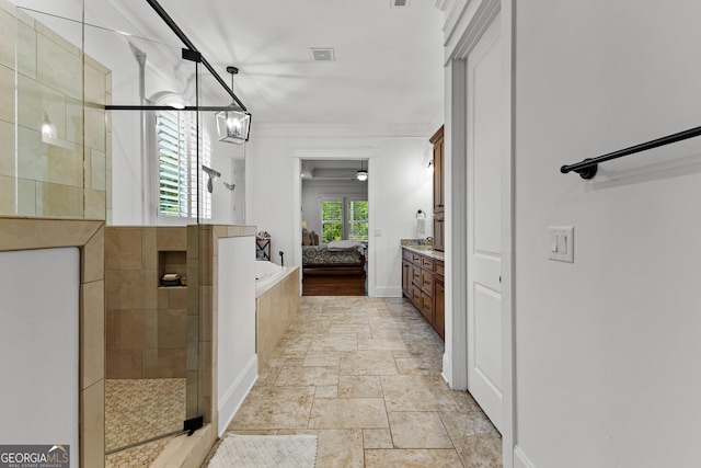 150 Dean Dr, Tyrone, GA 30290 - full bathroom featuring tiled shower, a bath, stone tile flooring, and vanity