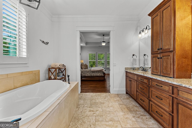 150 Dean Dr, Tyrone, GA 30290 - full bath with a garden tub, double vanity, ensuite bath, crown molding, and a ceiling fan