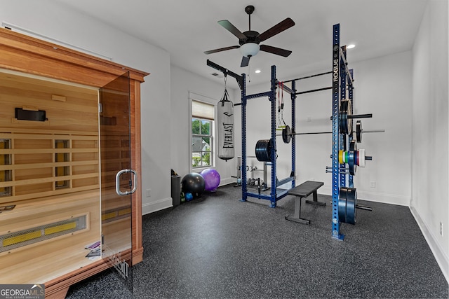 150 Dean Dr, Tyrone, GA 30290 - exercise area with ceiling fan, a relaxing sauna, and recessed lighting