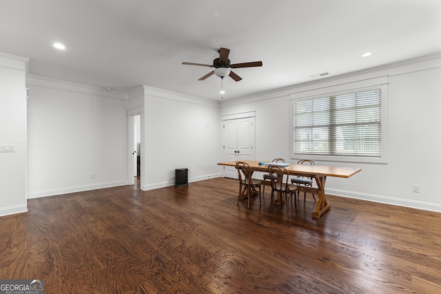 150 Dean Dr, Tyrone, GA 30290 - dining space with ceiling fan, wood finished floors, recessed lighting, and ornamental molding