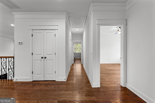 150 Dean Dr, Tyrone, GA 30290 - corridor with attic access, wood finished floors, and crown molding