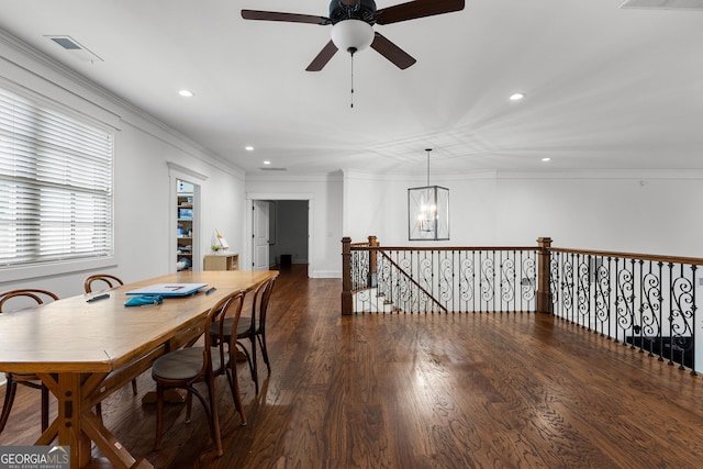 150 Dean Dr, Tyrone, GA 30290 - dining area with recessed lighting, ceiling fan, a chandelier, wood finished floors, and ornamental molding