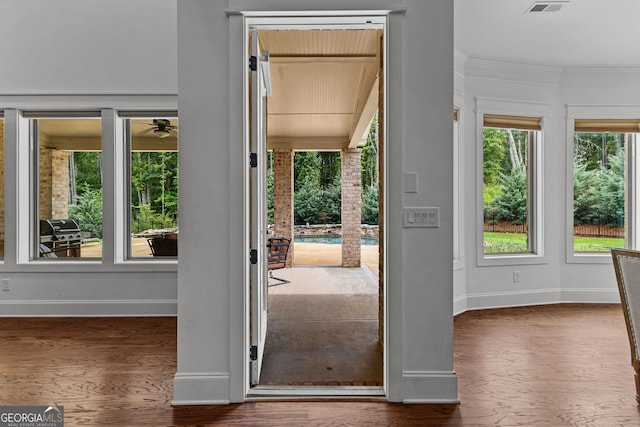150 Dean Dr, Tyrone, GA 30290 - doorway with ceiling fan, wood finished floors, and ornamental molding