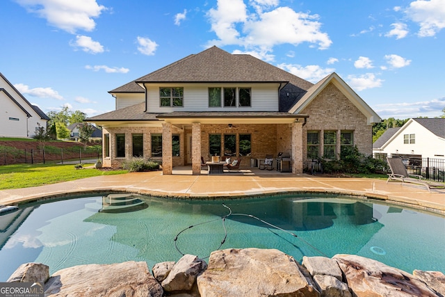150 Dean Dr, Tyrone, GA 30290 - view of swimming pool with a ceiling fan, a patio area, an outdoor living space, and a grill