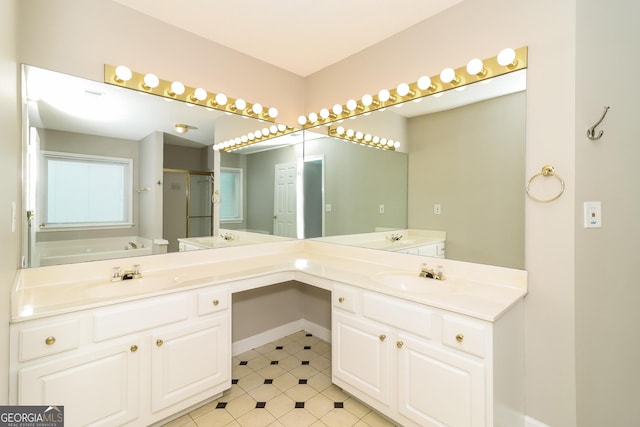 2801 Priestcliff Dr, Smyrna, GA 30080 - full bath featuring double vanity, a stall shower, tile patterned flooring, and a garden tub
