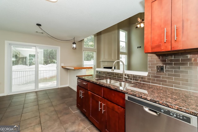 2801 Priestcliff Dr, Smyrna, GA 30080 - kitchen with dishwasher, tasteful backsplash, dark stone countertops, and ceiling fan