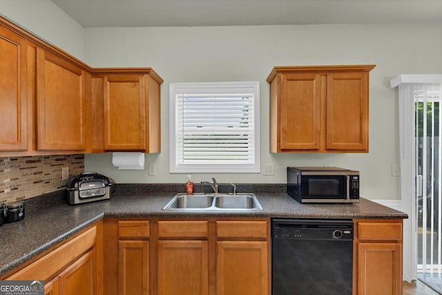 1936 Lakeshore Overlook Cir NW, Kennesaw, GA 30152 - kitchen with dishwasher, stainless steel microwave, dark countertops, brown cabinetry, and tasteful backsplash