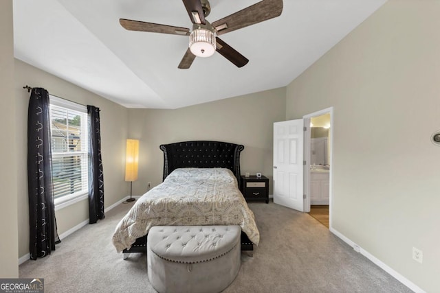 1936 Lakeshore Overlook Cir NW, Kennesaw, GA 30152 - bedroom featuring carpet, vaulted ceiling, ensuite bathroom, and ceiling fan