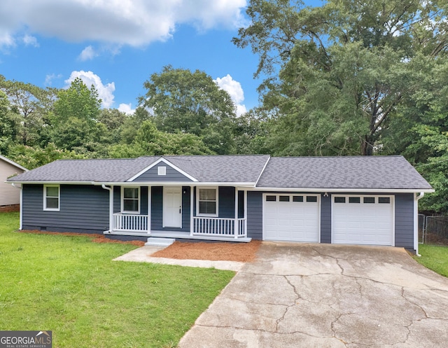 4720 Hull Rd SE, Conyers, GA 30094 - view of front of property featuring a garage, a porch, roof with shingles, and a front yard