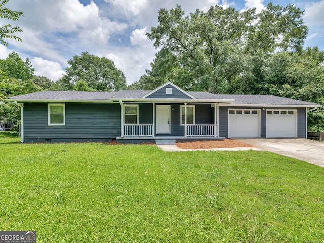 4720 Hull Rd SE, Conyers, GA 30094 - ranch-style house featuring covered porch, a garage, a front yard, and driveway