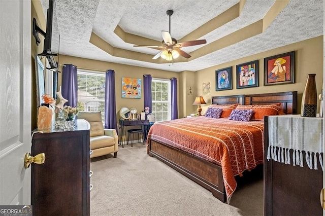 47 Powder Springs St, Hiram, GA 30141 - bedroom featuring carpet flooring, a tray ceiling, ceiling fan, and a textured ceiling