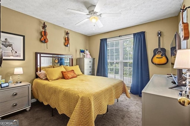 47 Powder Springs St, Hiram, GA 30141 - bedroom with dark colored carpet, a textured ceiling, and ceiling fan