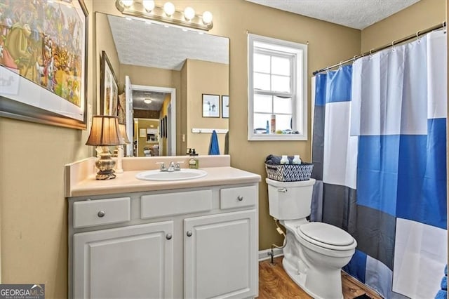 47 Powder Springs St, Hiram, GA 30141 - bathroom with vanity, wood finished floors, a textured ceiling, and a shower with shower curtain