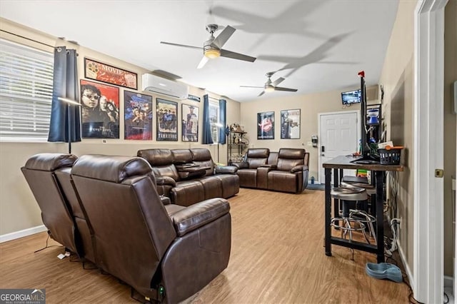47 Powder Springs St, Hiram, GA 30141 - living area with a wall mounted air conditioner, ceiling fan, and wood finished floors