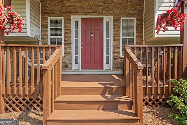 47 Powder Springs St, Hiram, GA 30141 - property entrance with stone siding and a porch