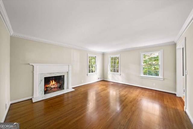2179 Mountclaire Ct, Stone Mountain, GA 30087 - unfurnished living room with ornamental molding, wood finished floors, and a premium fireplace