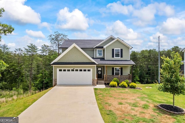 6422 Woodland Station Dr, Lula, GA 30554 - craftsman-style house featuring concrete driveway, a porch, a front lawn, an attached garage, and brick siding