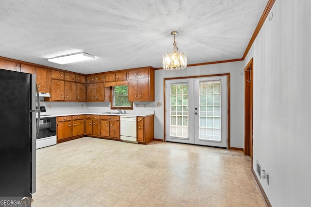23-25 Sentry Oak Ct, Stockbridge, GA 30281 - kitchen featuring white appliances, brown cabinetry, light floors, light countertops, and crown molding