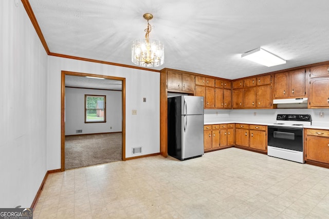23-25 Sentry Oak Ct, Stockbridge, GA 30281 - kitchen with freestanding refrigerator, electric range oven, under cabinet range hood, brown cabinetry, and light countertops