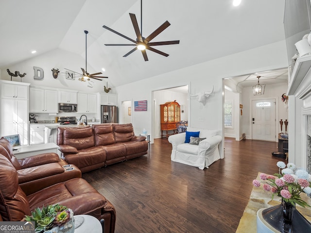 105 Crestview Dr, Jefferson, GA 30549 - living room with ceiling fan, dark wood-style flooring, and high vaulted ceiling
