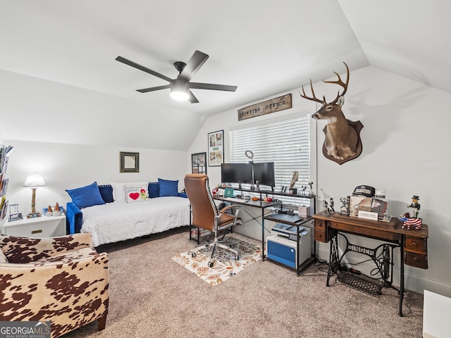 105 Crestview Dr, Jefferson, GA 30549 - bedroom featuring vaulted ceiling, carpet floors, an office area, and ceiling fan