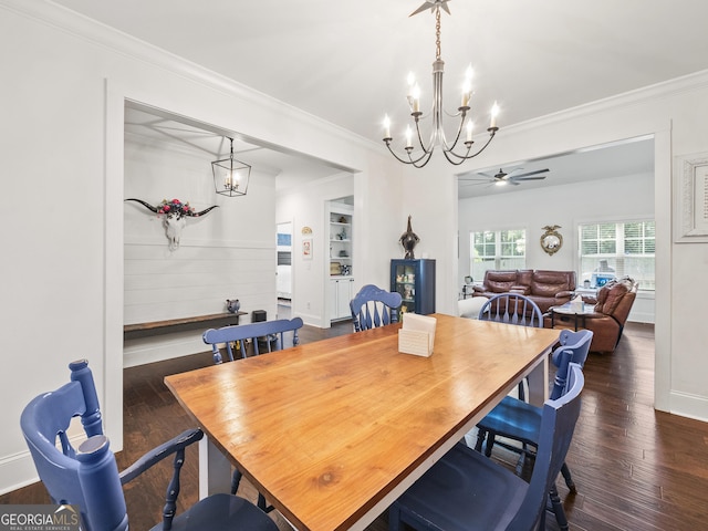 105 Crestview Dr, Jefferson, GA 30549 - dining room with a chandelier, dark wood finished floors, ornamental molding, and a ceiling fan
