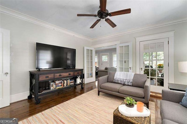 1300 N Ave NE, Atlanta, GA 30307 - living room featuring french doors, wood finished floors, a ceiling fan, and ornamental molding