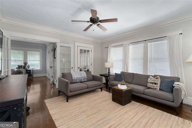 1300 N Ave NE, Atlanta, GA 30307 - living area with ceiling fan, crown molding, wood finished floors, and french doors