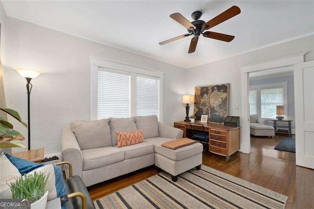1300 N Ave NE, Atlanta, GA 30307 - living area with wood finished floors, a ceiling fan, and crown molding