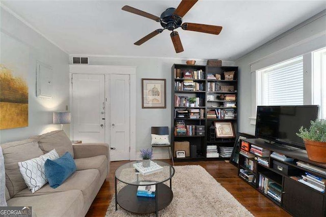 1300 N Ave NE, Atlanta, GA 30307 - living area with ceiling fan and dark wood finished floors