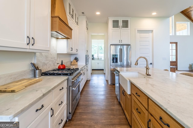 4384 Round Pond Rd, Lafayette, GA 30728 - kitchen featuring high end appliances, custom exhaust hood, dark wood-style flooring, light stone counters, and recessed lighting