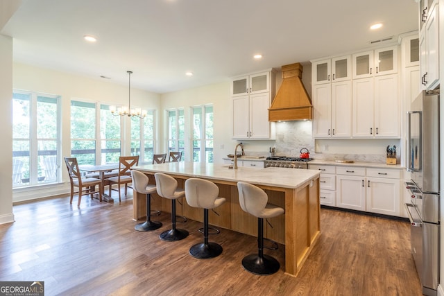 4384 Round Pond Rd, Lafayette, GA 30728 - kitchen featuring premium range hood, appliances with stainless steel finishes, plenty of natural light, dark wood finished floors, and recessed lighting