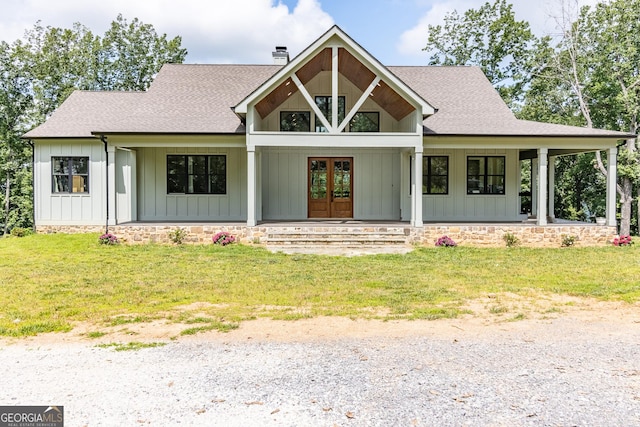4384 Round Pond Rd, Lafayette, GA 30728 - modern farmhouse featuring a porch, a chimney, a shingled roof, and french doors